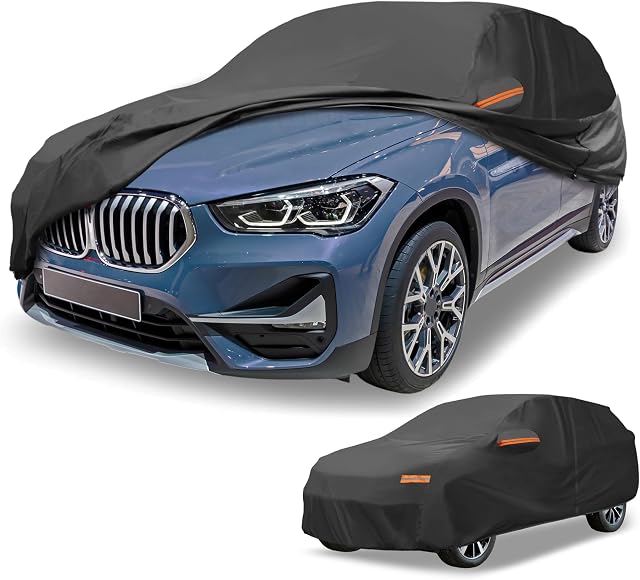 Couverture universelle de voiture imperméable à l'eau Tous les temps 210D-PU, UV Protection contre la pluie de soleil, convient pour SUV Longueur 191"-200", avec fermeture éclair côté gauche, noir
