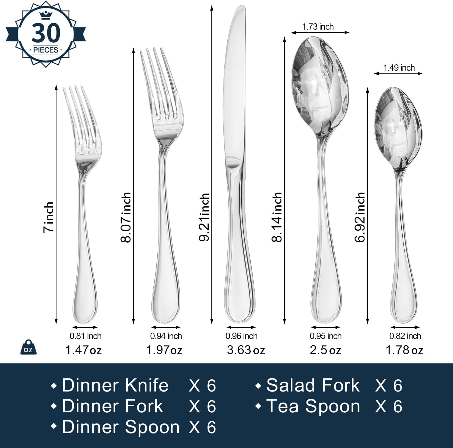 KINGSTONE 30 Piece Teardrop Silverware Set for 6, 18/10 Stainless Steel Flatware Set, Modern Design Cutlery Set for Home/Hotel/Wedding,Mirror Polished and Dishwasher Safe
