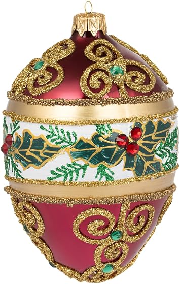 5 Inch Burgundy Gloss Mistletoe Leaves Faberge Style Egg | Artistic Christmas Ornament | Mouth Blown and Hand Painted in Poland