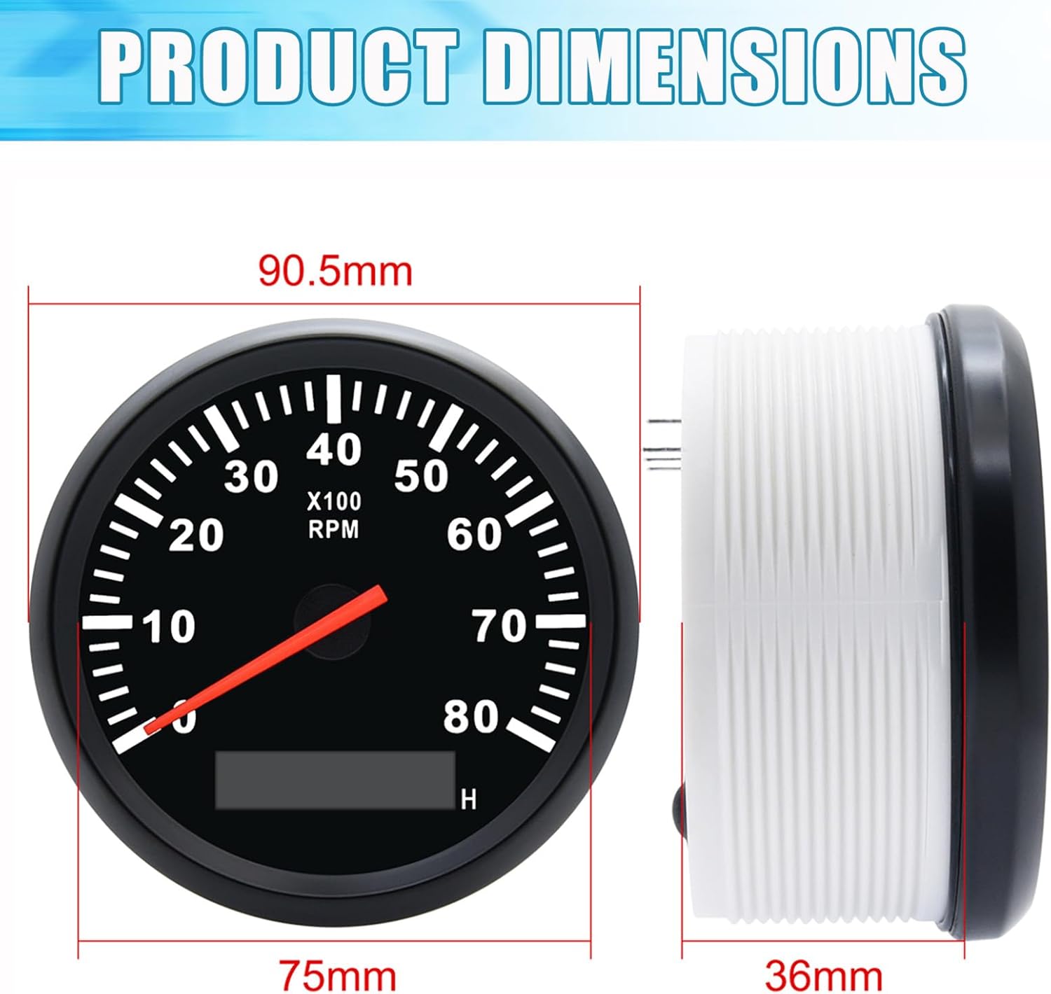 Geloo 85mm Marine Tachometer Gauge Waterproof Boat RPM Tachometer Outboard 0-8000 RPM Tacho Meter for Car Truck 8000RPM Tacometro Meter with LCD Digital Hour Meter Red Backlight 12V/24V