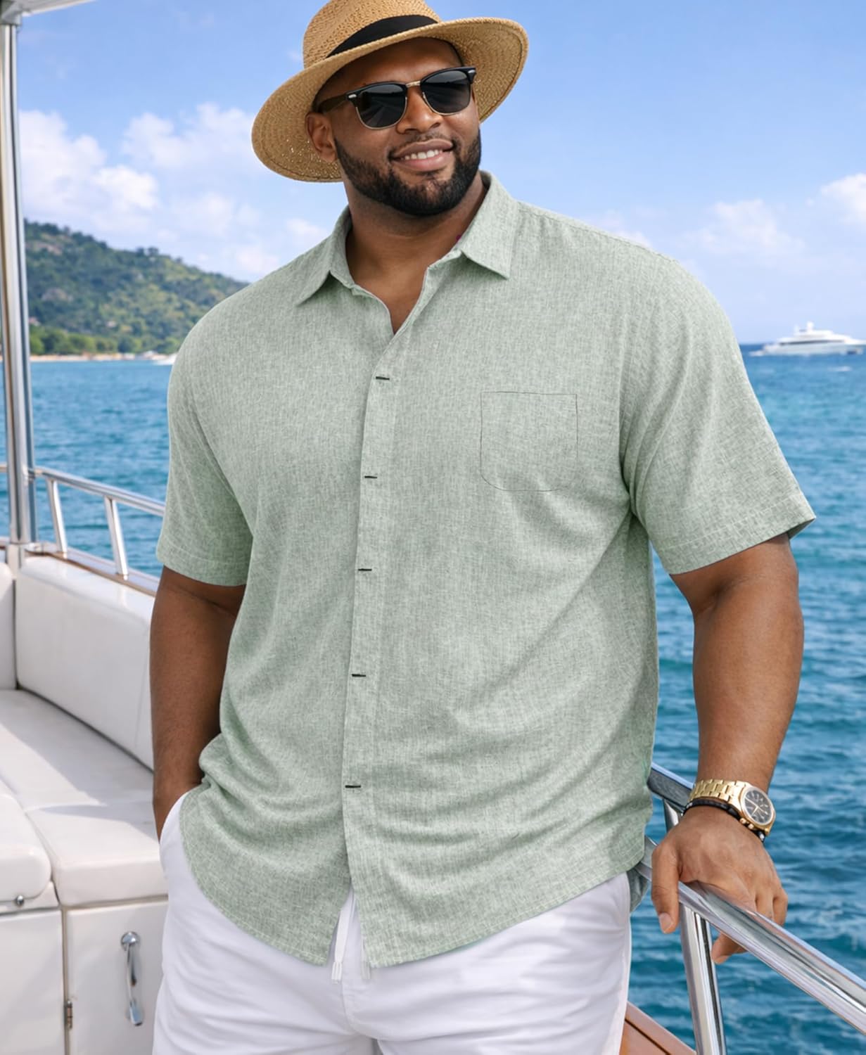 Weecreeture Men’s Big & Tall Linen Short Sleeve Button Up Shirt, Hidden Placket, Breathable Casual Beach Resort Summer