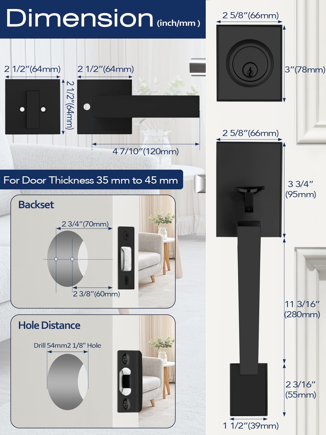 1 Pack Front Door Lock Set, Black Door Knobs, Exterior Door Handle, Front Door Handle and Deadbolt Set, Entry Door Handle for Interior & Exterior Door, Reversible for Left/Right Sided Doors