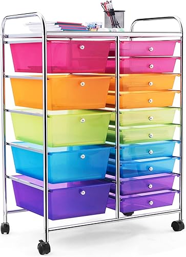 HAPPYGRILL - Carrito rodante con 15 cajones, carritos de almacenamiento con cajones extraíbles y marco de acero, carrito utilitario con ruedas con