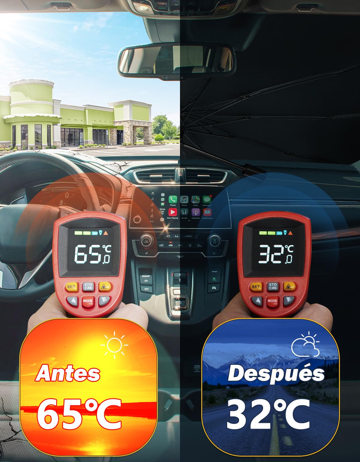 JOYTUTUS Parasol Coche Delantero, Parasol Plegable Coche con Barra Ajustable, Paraguas Parasol Coche Parabrisas Anti UV Rayos, para la mayoría de los Coches,SUV, Camiones (Diseño Patentado UE)