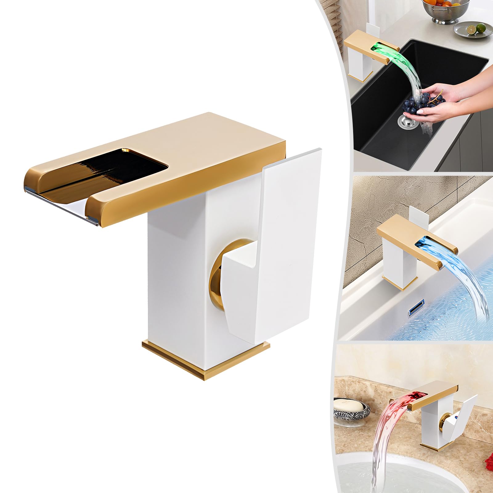 Robinet de lavabo cascade blanc en cuivre, voyants LED de contrôle de la température, robinet d'évier avec poignée unique, mitigeur pour eau chaude et froide