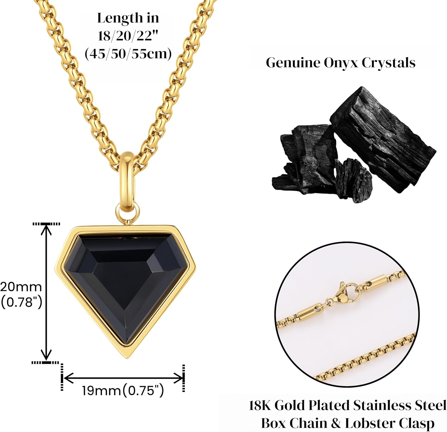 COAI Black Heart Pendant Necklace for Women and Men, Stainless Steel Diamond Shape Onyx Necklace - Image 3