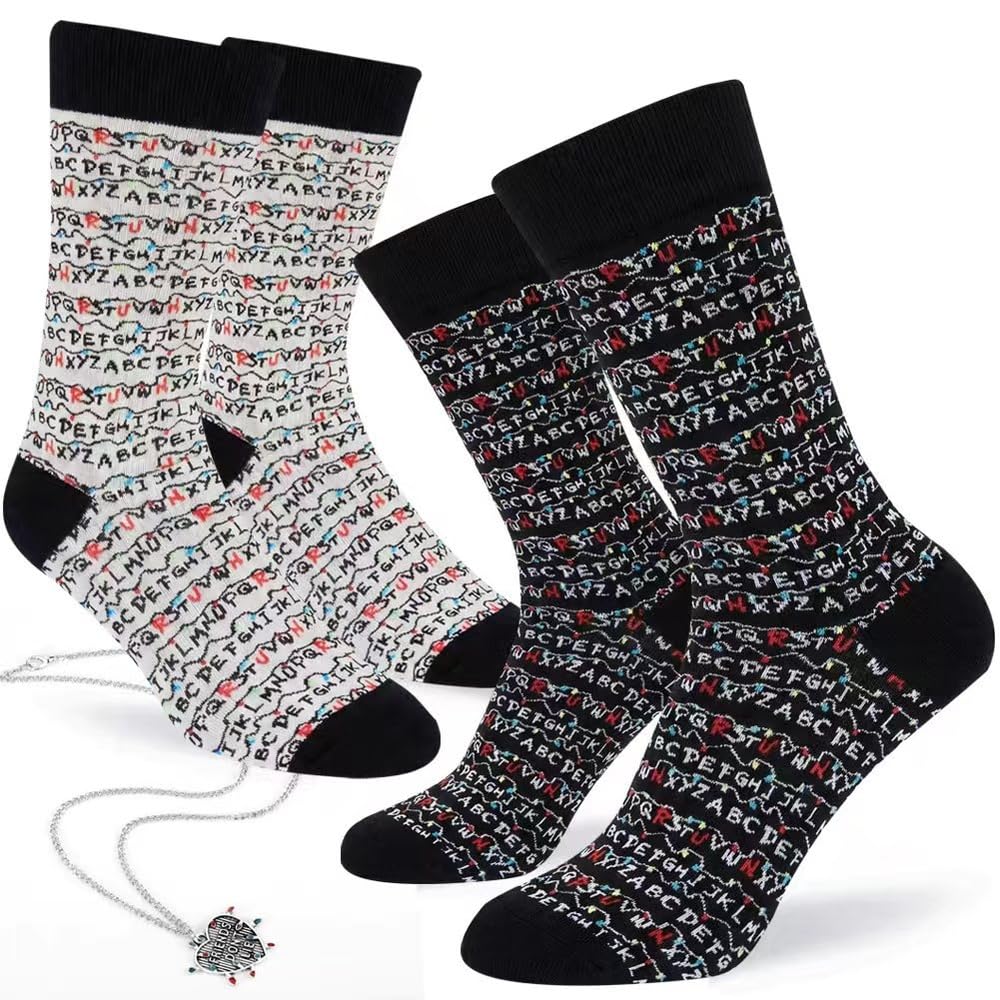 Stranger Letter Socks, A-Z Print Cotton Crew 2 Pairs with Necklace