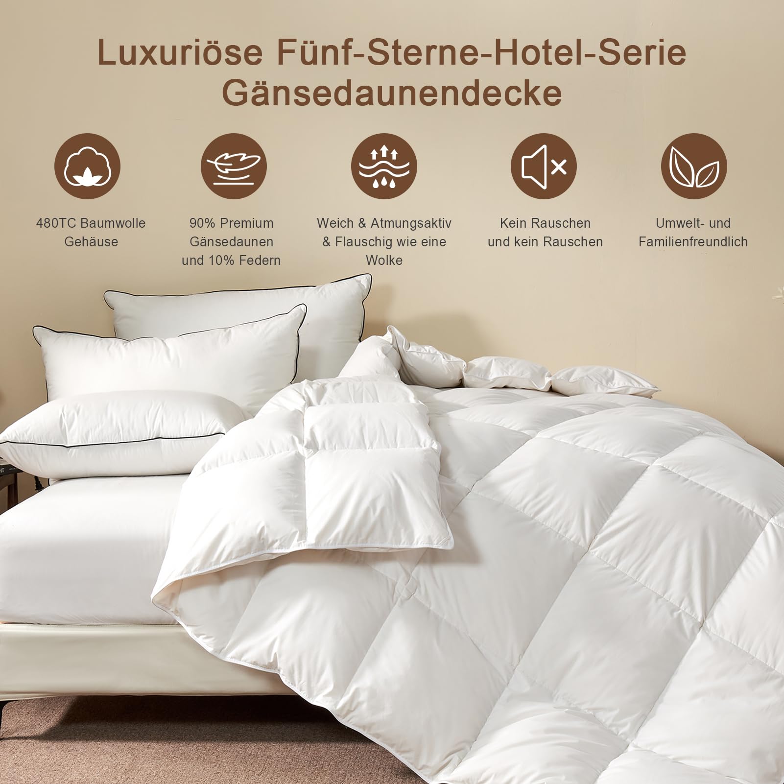 Luxus-Daunendecke Ganzjahresdecke 90% Daunen 10% Federn 135x200 cm | Baumwollmischung | Leicht | warm Federdecke | Pflegeleicht | Öko-Tex | RDS | Super weich & Geräuschlos