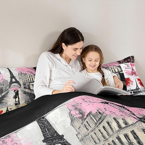 Miniatura 3 de Juego de edredón de la Torre Eiffel romántico paisaje urbano de París para niñas, niños y mujeres, relleno de edredón de construcción de la ciudad