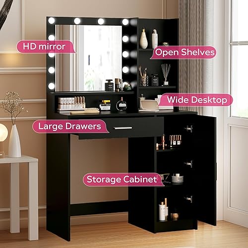 Vista 12 de Escritorio de tocador con espejo y luz, cajón grande y cómoda de almacenamiento de tres niveles, 3 modos de iluminación de brillo ajustable, tocador