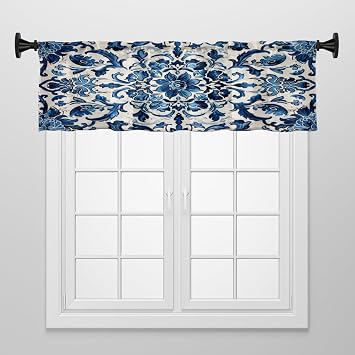 Window Treatment Tiers Solid Short Curtain for Small Window Bedroom 52 x 18 Inches, Blue And White With Symmetrical Patterns Of Flowers And Leaves Window Treatments Valance for Living Room, 1 Panel