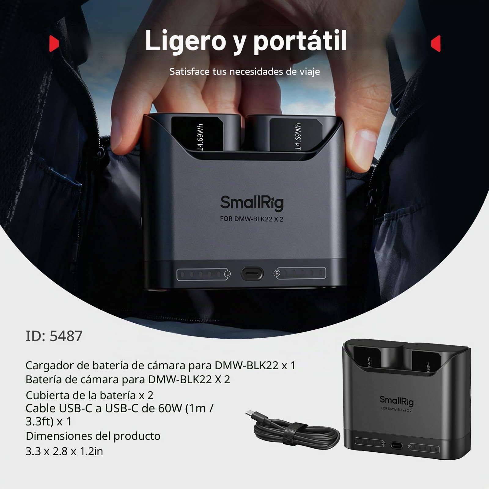 SMALLRIG Kit de Batería DMW-BLK22 para Panasonic, Cargador Dual 22.5W con Baterías 1940mAh, Compatible con Lumix GH5/GH5II/GH6/GH7/S5/S5II/S5IIX/S9/G9II - 5487