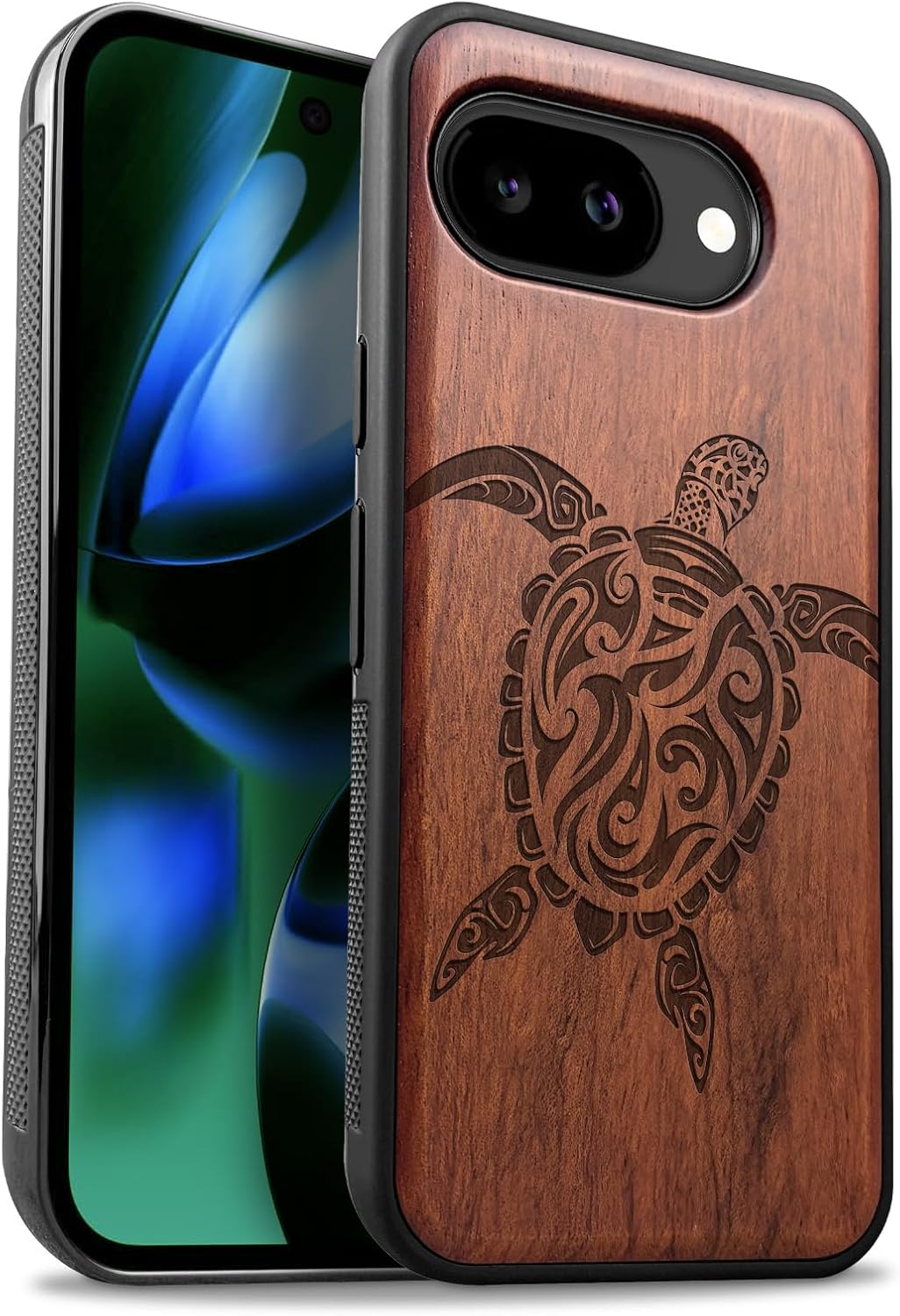 Carveit Magnetic Wooden Case for Google Pixel 10a Case, Wood Artisan Engraved & Soft TPU Shockproof Cover, Compatible with MagSafe Wireless Chargers (Maori Ethnic Style Turtle Design) Rosy