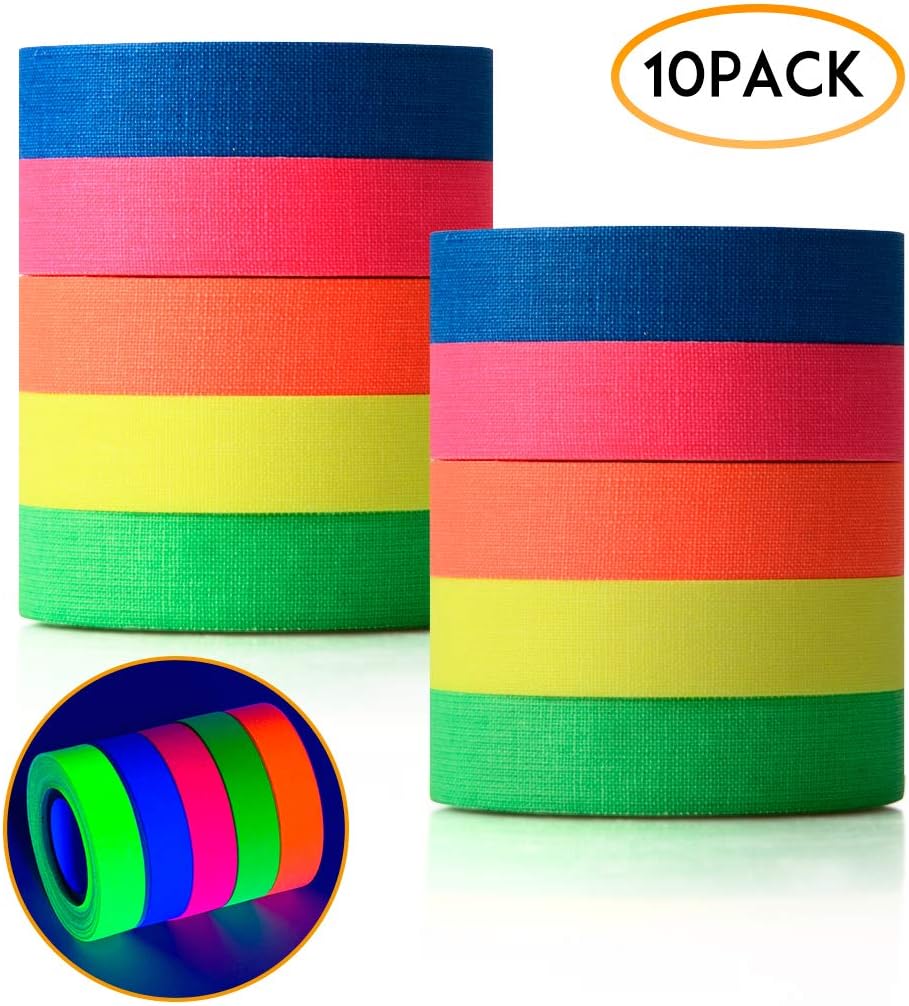 Blacklight Reactive Tape, 10 Pack Fluorescent Neon Gaffer Tape, 0.59 InchÃ—16.4ft per Roll, 5 Colors