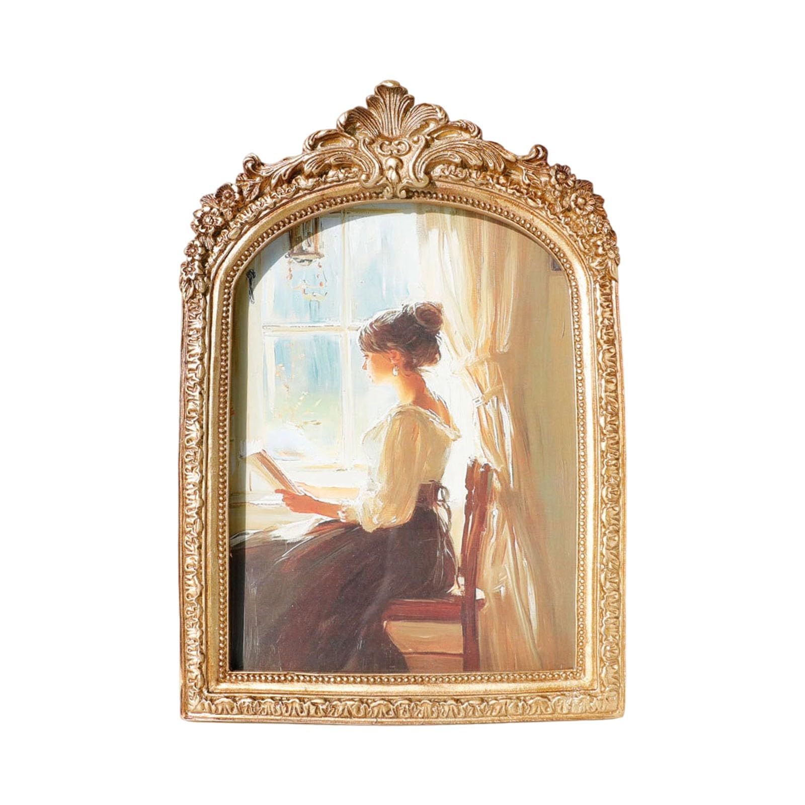 Handcrafted Golden Carving Arch Top Picture Frame with Stand and Hook for Wall or Tabletop Decoration European Antique Photo Frame