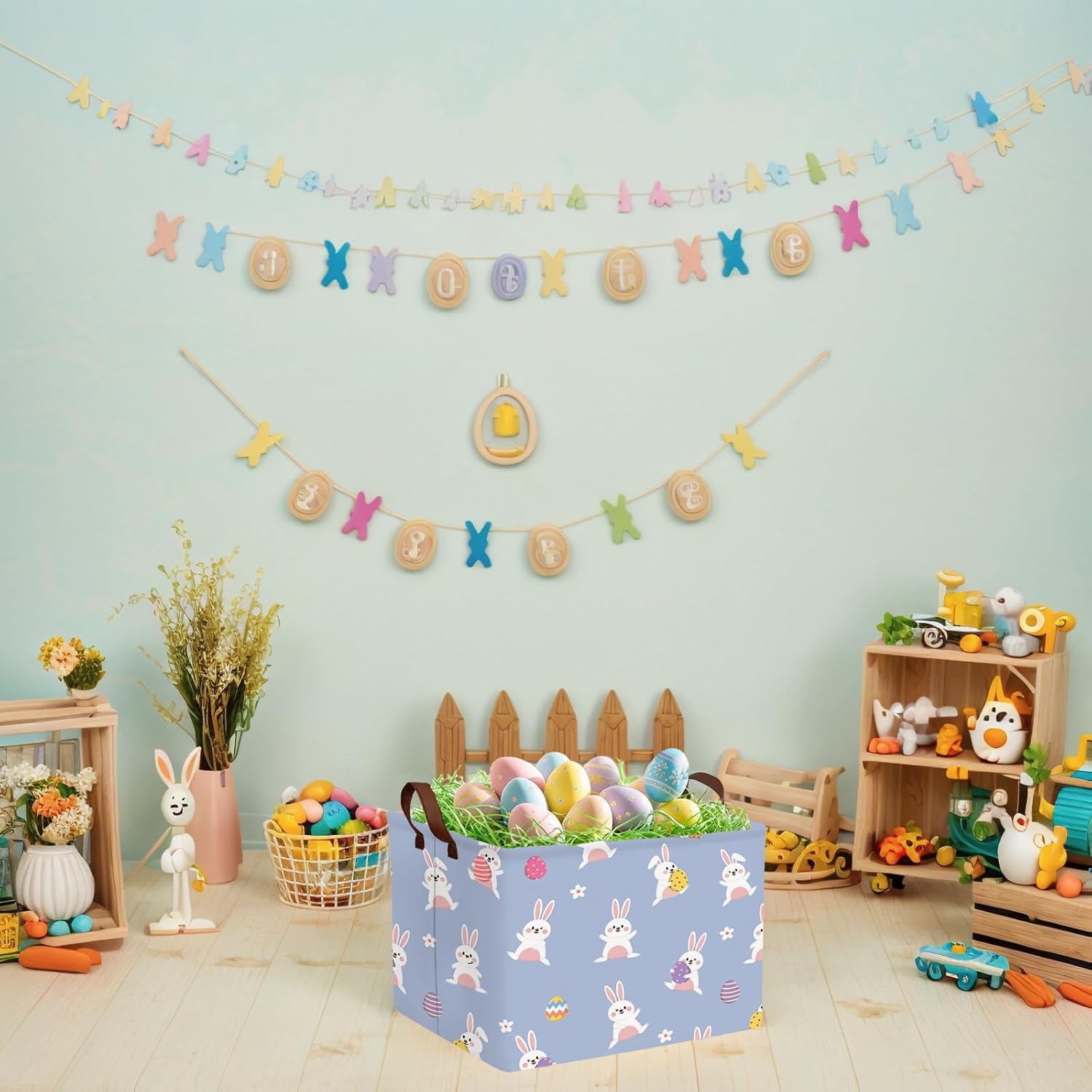 Kid Large Empty Easter Basket Gift Personalized Fabric Bunny Easter Basket for Boy and Girl Room Decor Storage Bin (Cute Rabbit Holding Easter Egg)