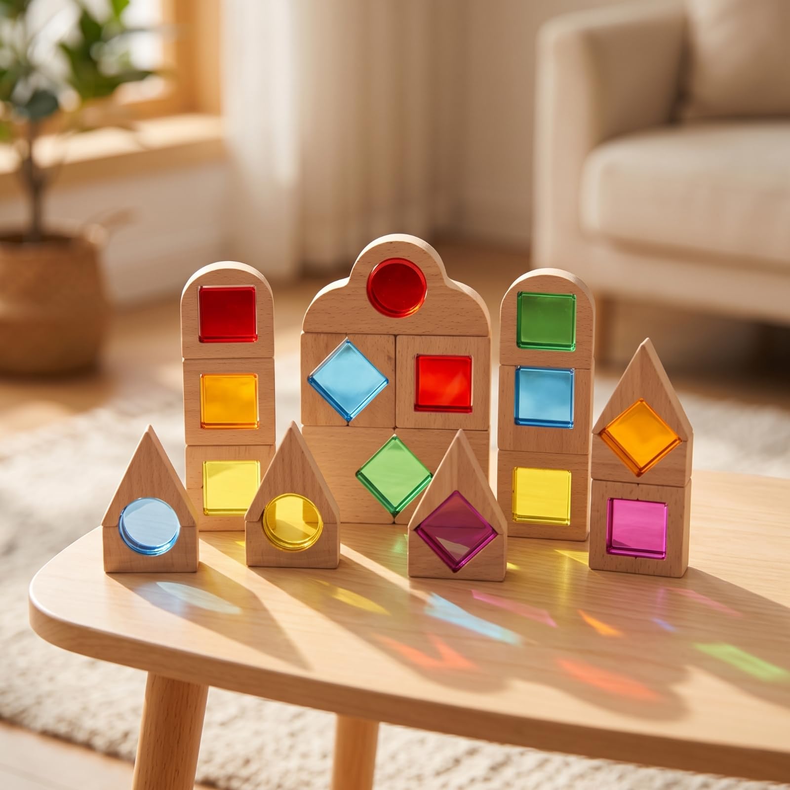 40 Pezzi Blocchi di Costruzione in Legno e Acrilico Educativi Gioco di Costruzioni con Inserti Acrilici Creativo Blocchi Legno Traslucidi per Casa