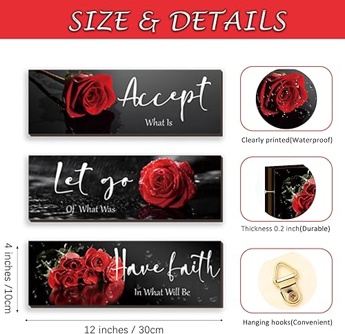 Miniatura 3 de 3 piezas de decoración roja de flores, arte de pared de madera inspiradora de rosas rojas, decoración de pared para oficina con aceptar, dejar ir,