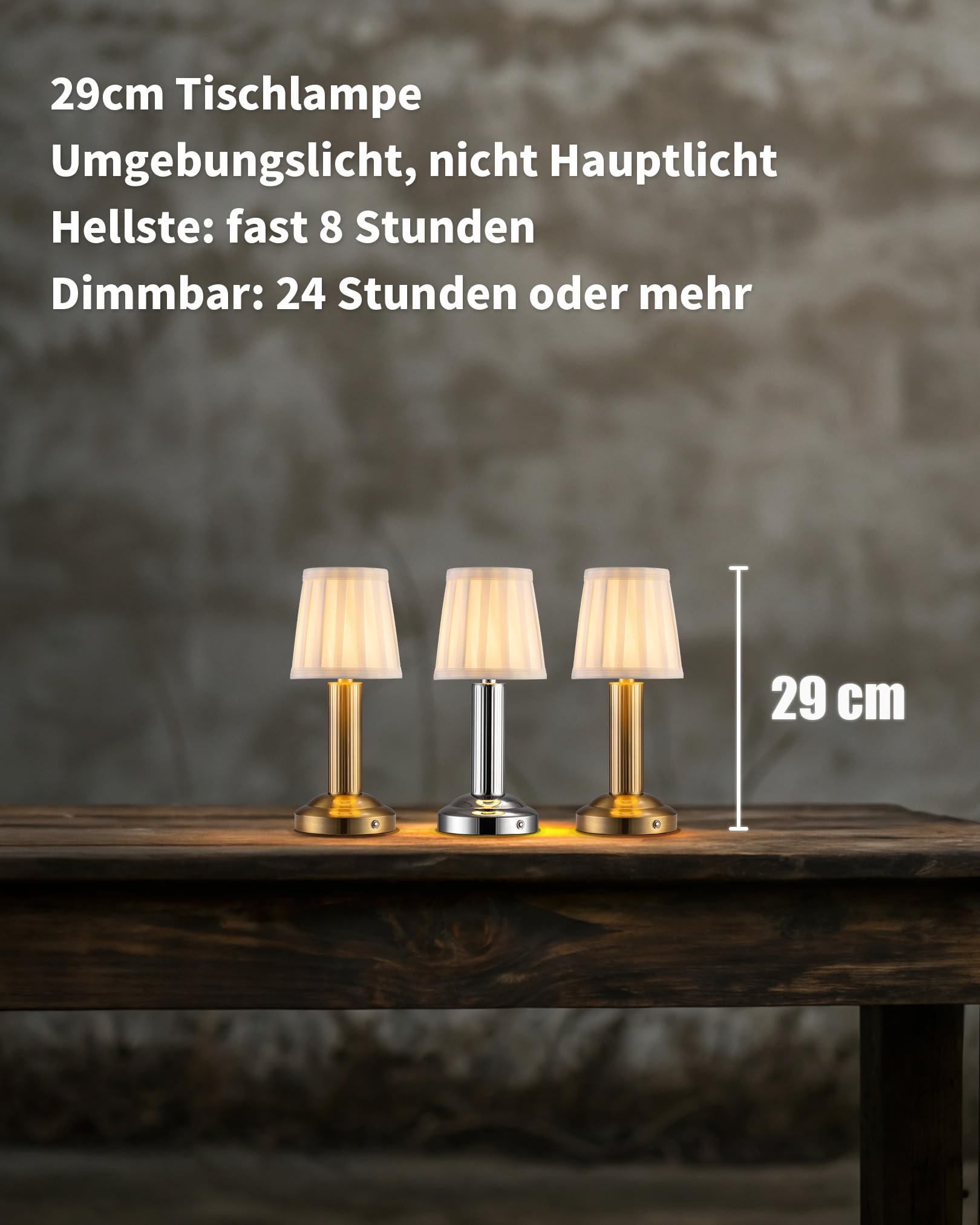 2 Stück LED Kabellose Kleine Tischlampe, Akku Nachttischlampe mit 4000mAh Batterie,Dimmbar Vintage Lampe mit Stoff Schirm,Touch Lampe für Schlafzimmer, Bar, Restaurant (Gold).