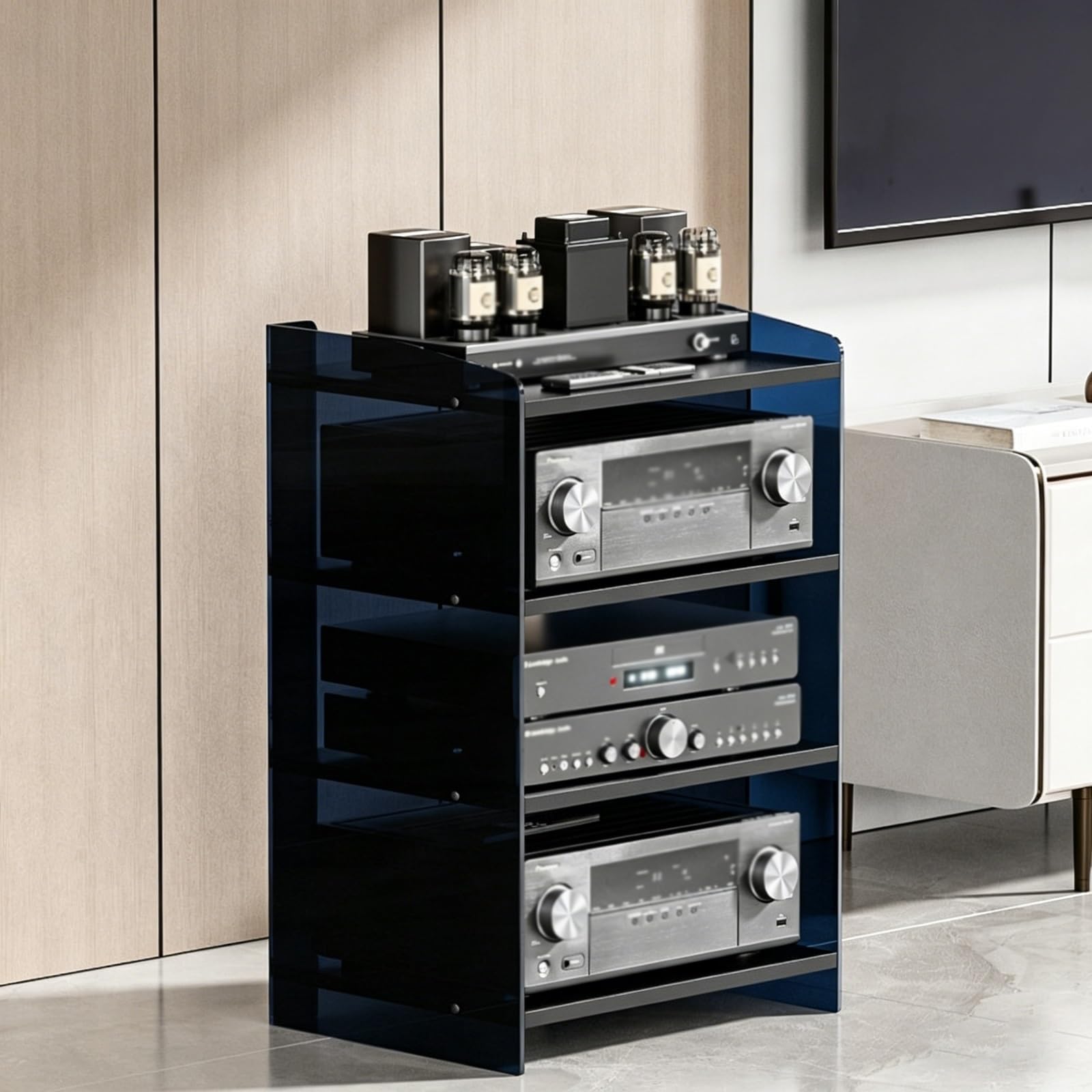 Moderner Audio-Rack für HiFi-Anlagen und AV-Medien, AV-Aufbewahrungsschrank mit verstellbaren Einlegeböden, geeignet für Wohnzimmer und Aufnahmestudio(B,4 Layer)