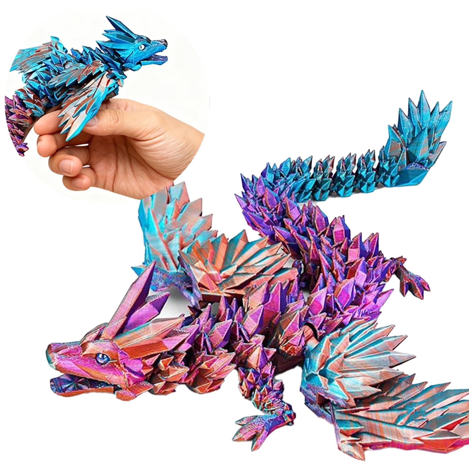 3D Printed Dragon Toys with Eyes, 24 inches 3d printed dragon large, Winged Dragon, Bendable and Flexible Big Fidget (Dazzling colors)