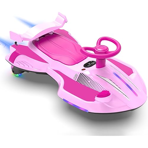 12V Electric Wiggle Car with Pedal for Kids, Rechargeable 2 in 1 Swing Car, Drifting Ride On Toys with Backrest, Anti-Rollover, Spray, Flashing Light, Music, for Ages 3 and Up, 150 Lbs (Pink)