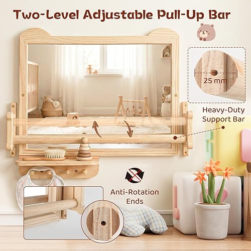 Miniatura 4 de Espejo Montessori con barra, marco de madera natural, espejo de barra de dominadas para bebé, altura ajustable, espejo de pared seguro para estar de