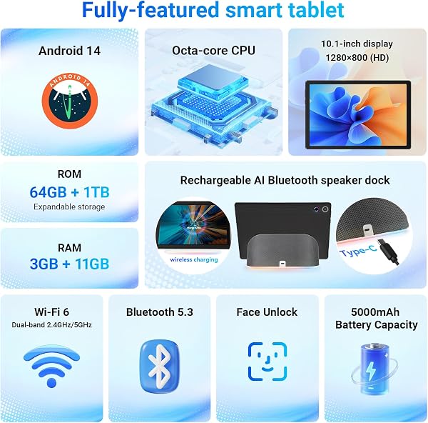 Whitedeer Tablet con Base Altavoz Bluetooth, Tablet 10 Pulgadas Octa-Core, Carga inalámbrica, 14GB RAM + 64GB ROM + 1TB Memoria Ampliable, Tablet Android 1280×800 P, 5 MP+8 MP, 5000 mAh - 2