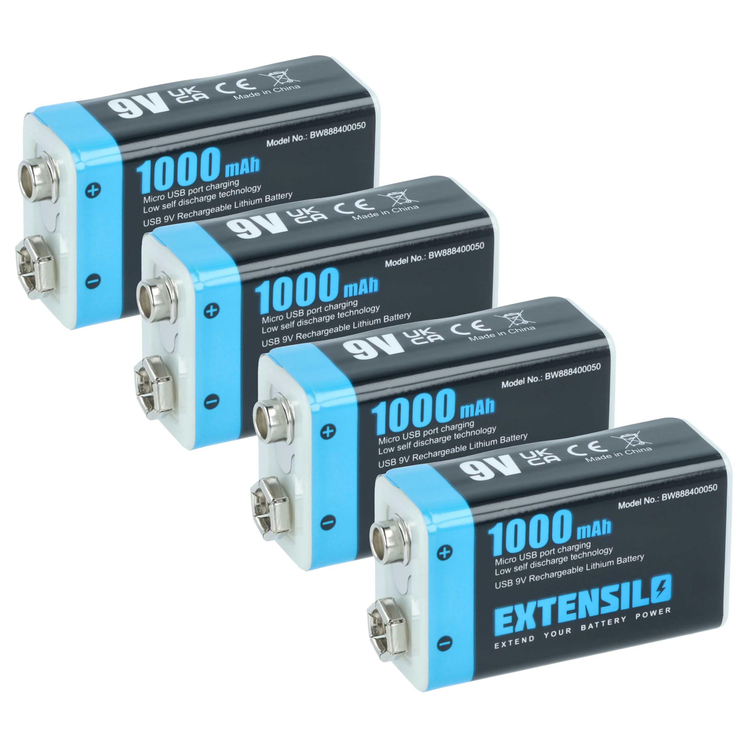 4X Piles Bloc Batterie 9V pour Divers appareils (1Ah, 9V, Li-ION)