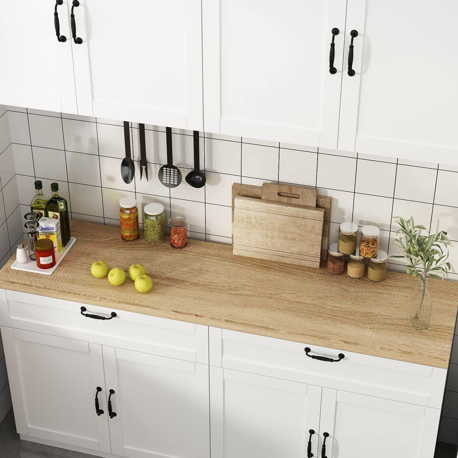 FAMAPY Wall-Mounted Kitchen Pantry Kitchen Cabinets with Countertop, Pantry Cabinet with Drawers & Doors, Wall Cabinet White and Oak