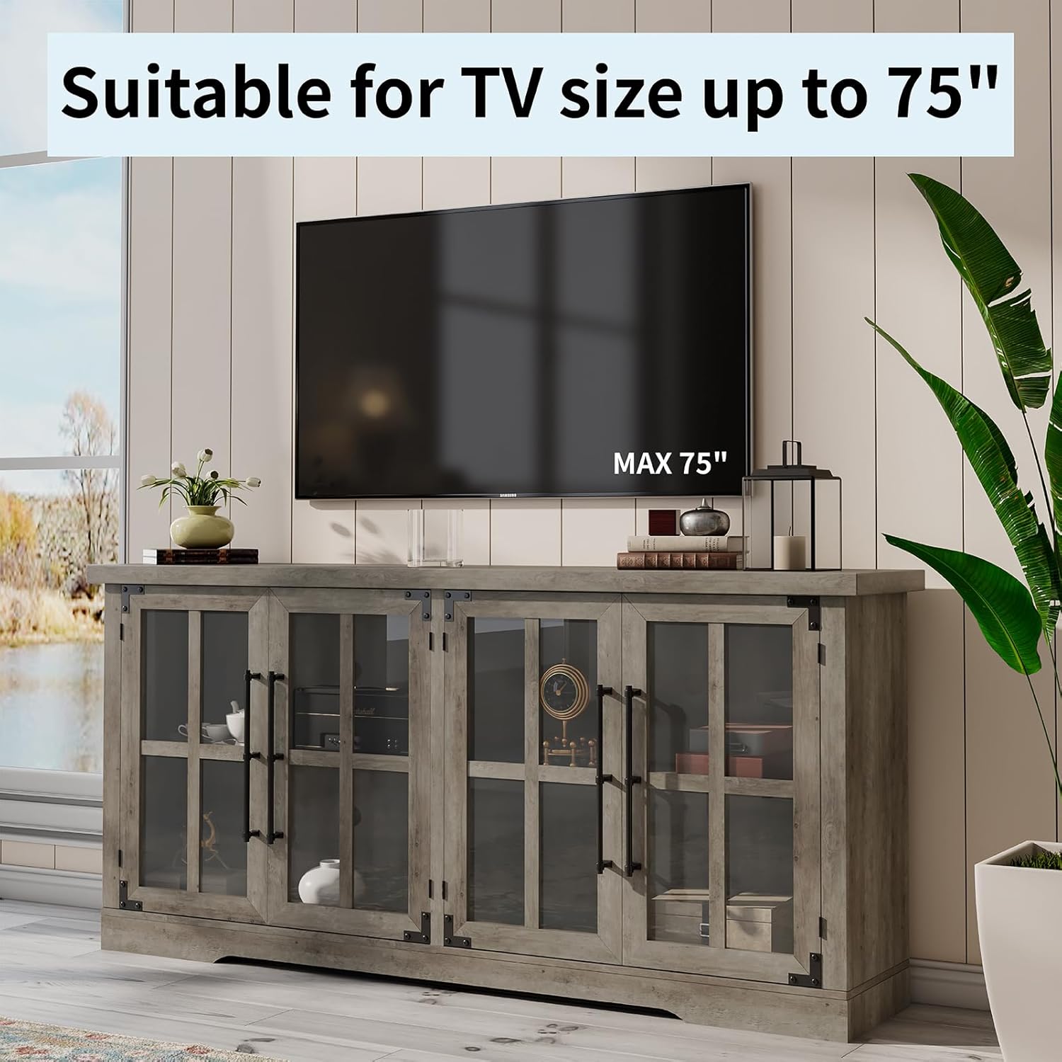 63" Farmhouse TV Stand with 4 Glass Doors, Modern Buffet Sideboard Cabinet with Storage, Entertainment Center with Adjustable Shelf for TV's up to 75", Wash Grey