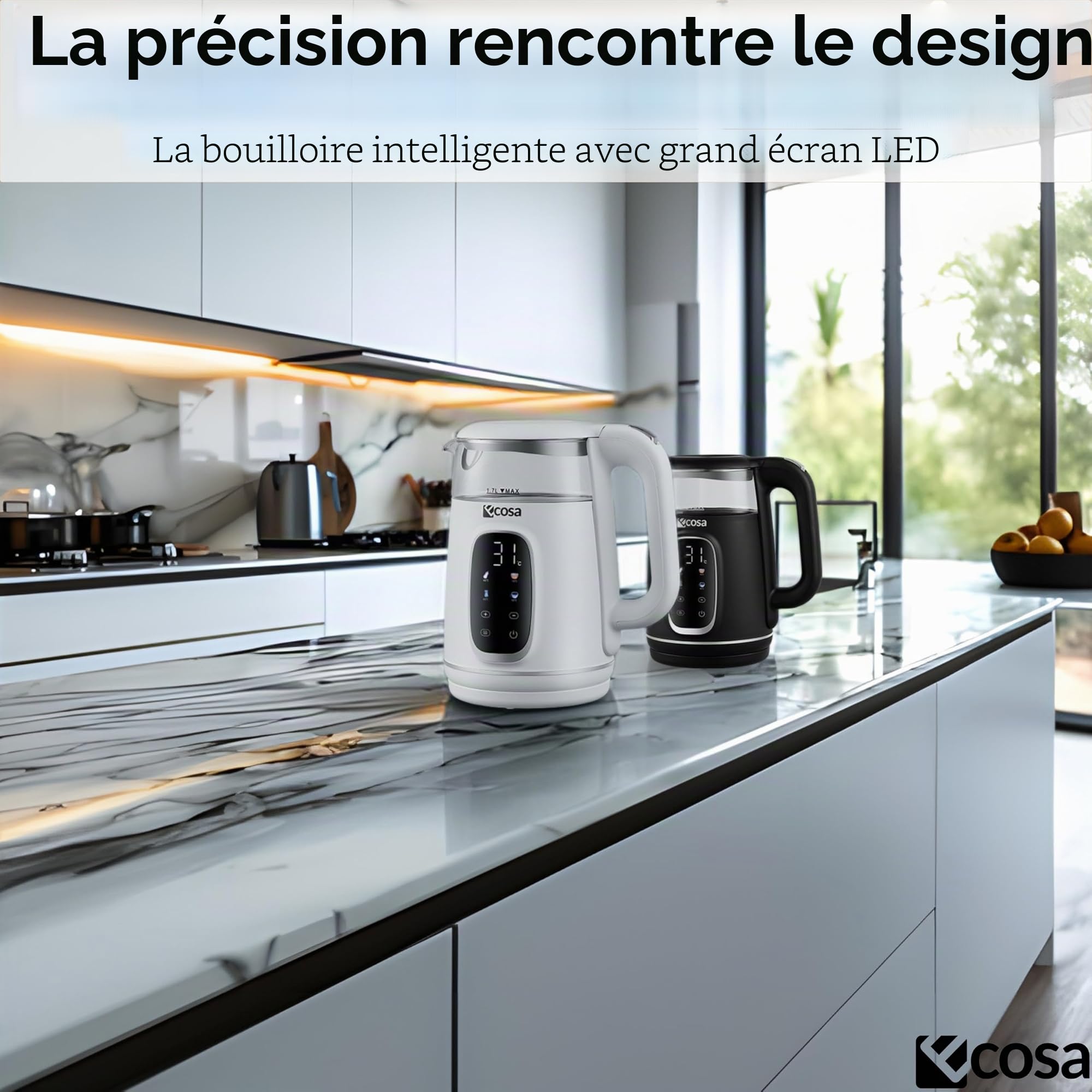 Ecosa Bouilloire avec réglage de la température, verre et acier inoxydable, bouilloire à thé, 1,7 l, 2200 W, sans BPA, avec choix de la température de 40 °C à 100 °C, fonction maintien au chaud