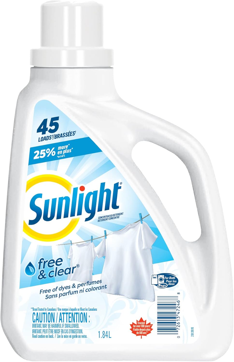 Sunlight Free and Clear Liquid Detergent (45 Loads, 1.84L), Gentle