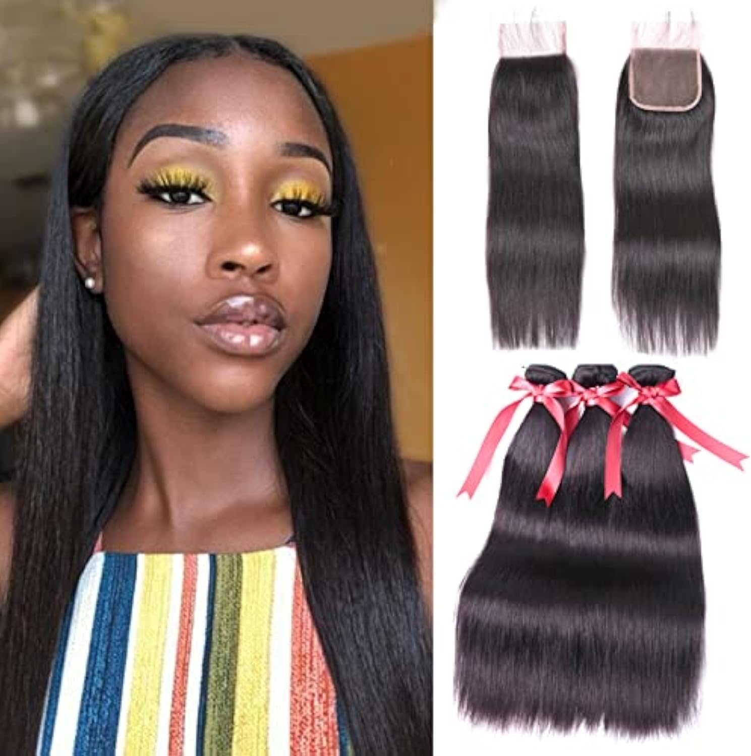 Straight Bundles with Closure Brazilian Hair Virgin Human Hair 3 Bundles with (4X4) Lace Closure Wave Weft 100% Unprocessed Real Human Hair Extensions Natural Color (18 20 22+18" Closure)