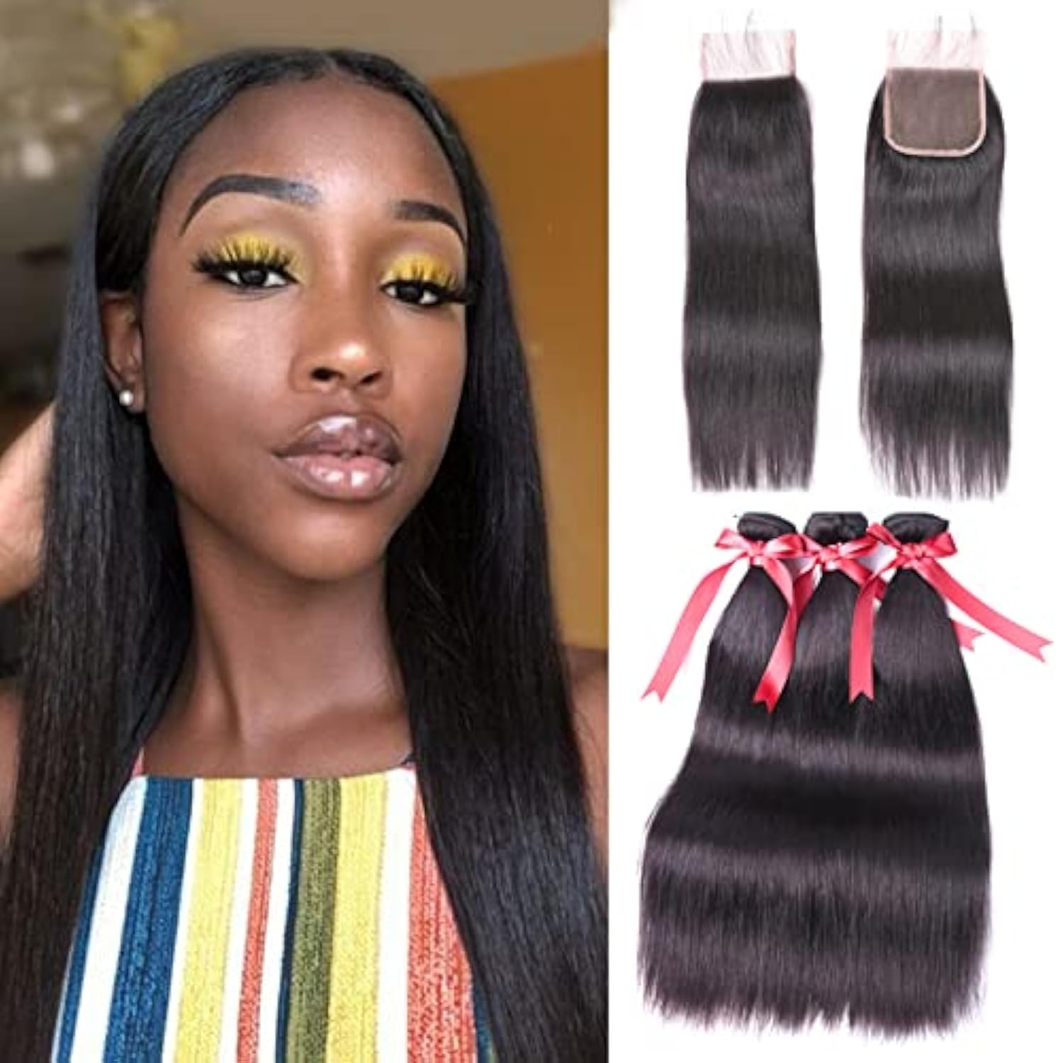 Straight Bundles with Closure Brazilian Hair Virgin Human Hair 3 Bundles with (4X4) Lace Closure Wave Weft 100% Unprocessed Real Human Hair Extensions Natural Color (18 20 22+18" Closure)