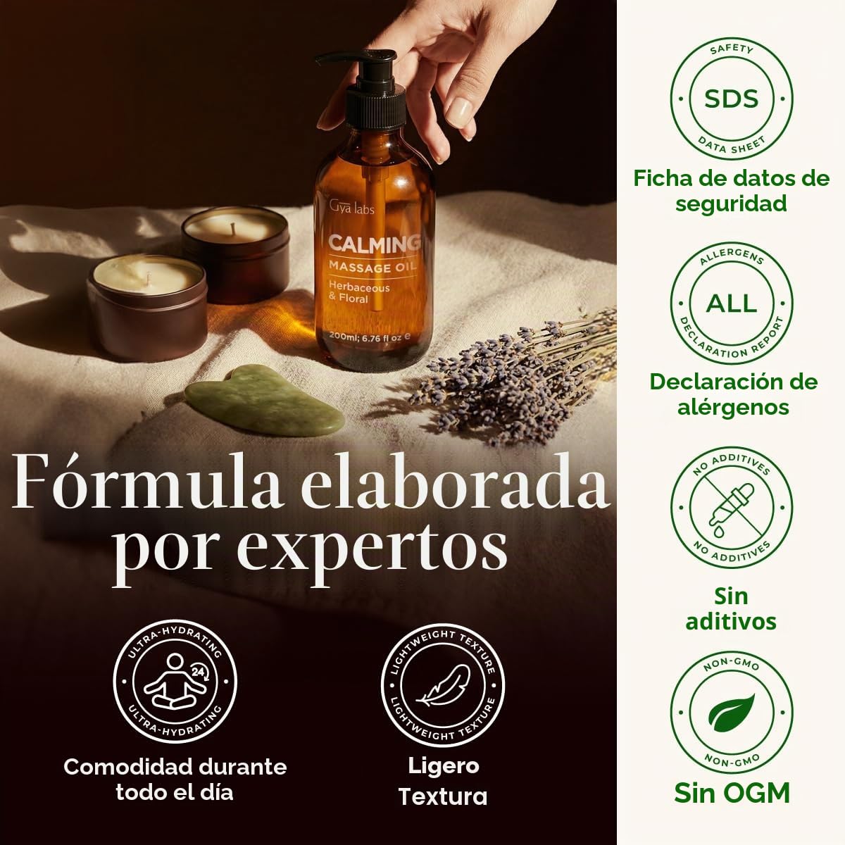 Gya Labs Aceite masaje calmante para terapia de masaje - Aceites de masaje de aromaterapia natural - Elaborados con aceites de lavanda, petitgrain, manzanilla, naranja dulce, jojoba y argán (200 ml)