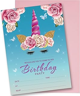 Paquete de 10 Tarjetas Invitación Cumpleaños, Invitaciones para Fiesta de Unicornio, Color Azul (10 Unidades)