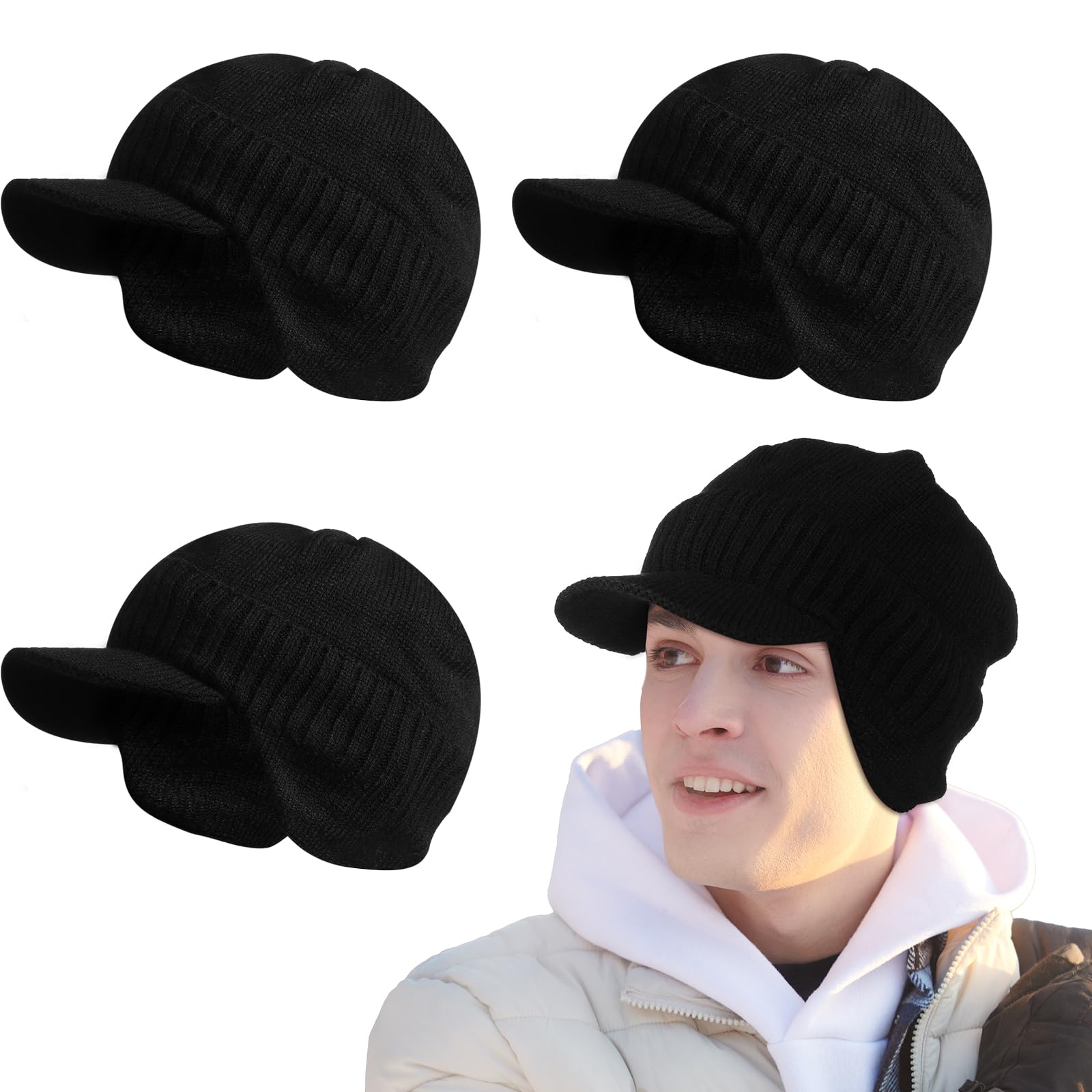 4 Pcs Winter Beanie Men Visor Hat with Earflaps Outdoor Knit Hat Thick Fleece Lined Ski Winter Visor for Men Women