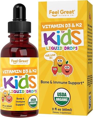Feel Great USDA - Gotas de vitamina D líquida orgánica para bebés y niños pequeños (2 onzas) con K2 para absorción  Vitamina D para niños apoya el