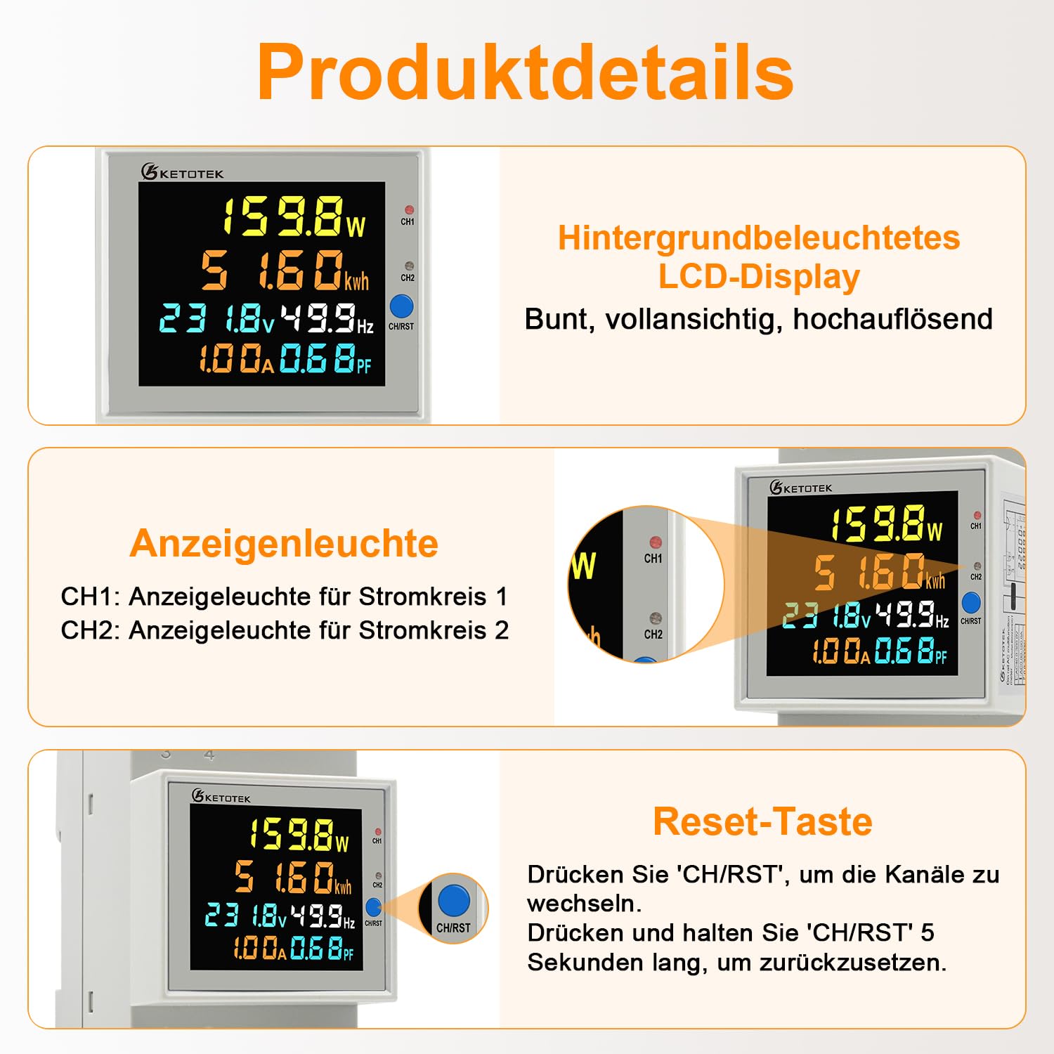 KETOTEK Stromzähler Hutschiene, Wechselstromzähler, 2 Kanäle auf 1 Phasig, Energiezähler DIN-Schiene AC40-300V 100A, Amperemeter Voltmeter mit CT