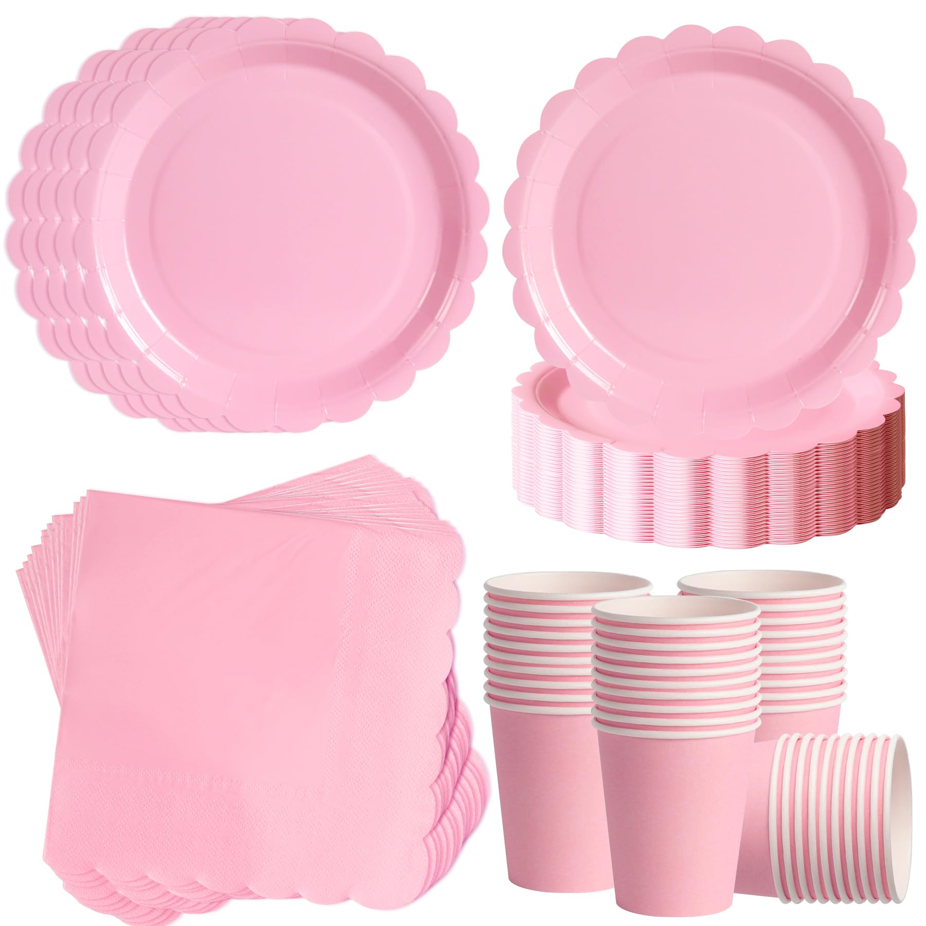 ZblPyro Blush Pink Party Tableware Set for 40 Guests |A Set of 120 pcs Includes 7inch Scalloped Paper Plates, Cups & Napkins | Baby Shower for Girl, Pink Birthday Party & Romantic Gathering — image 1