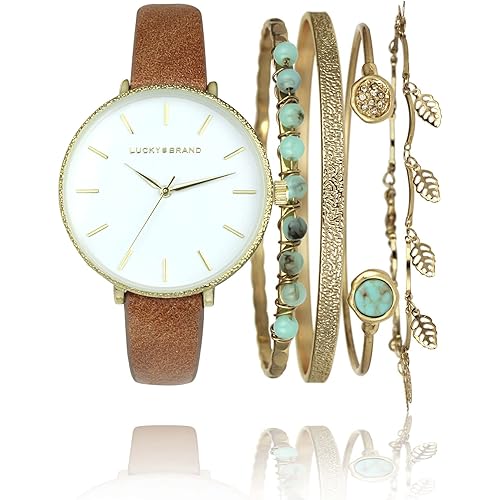 Lucky Brand Watches for Women Americana Style Genuine Leather Band Minimalist Quartz Movement Women's Wrist Watches Bracelet Gift Box Set