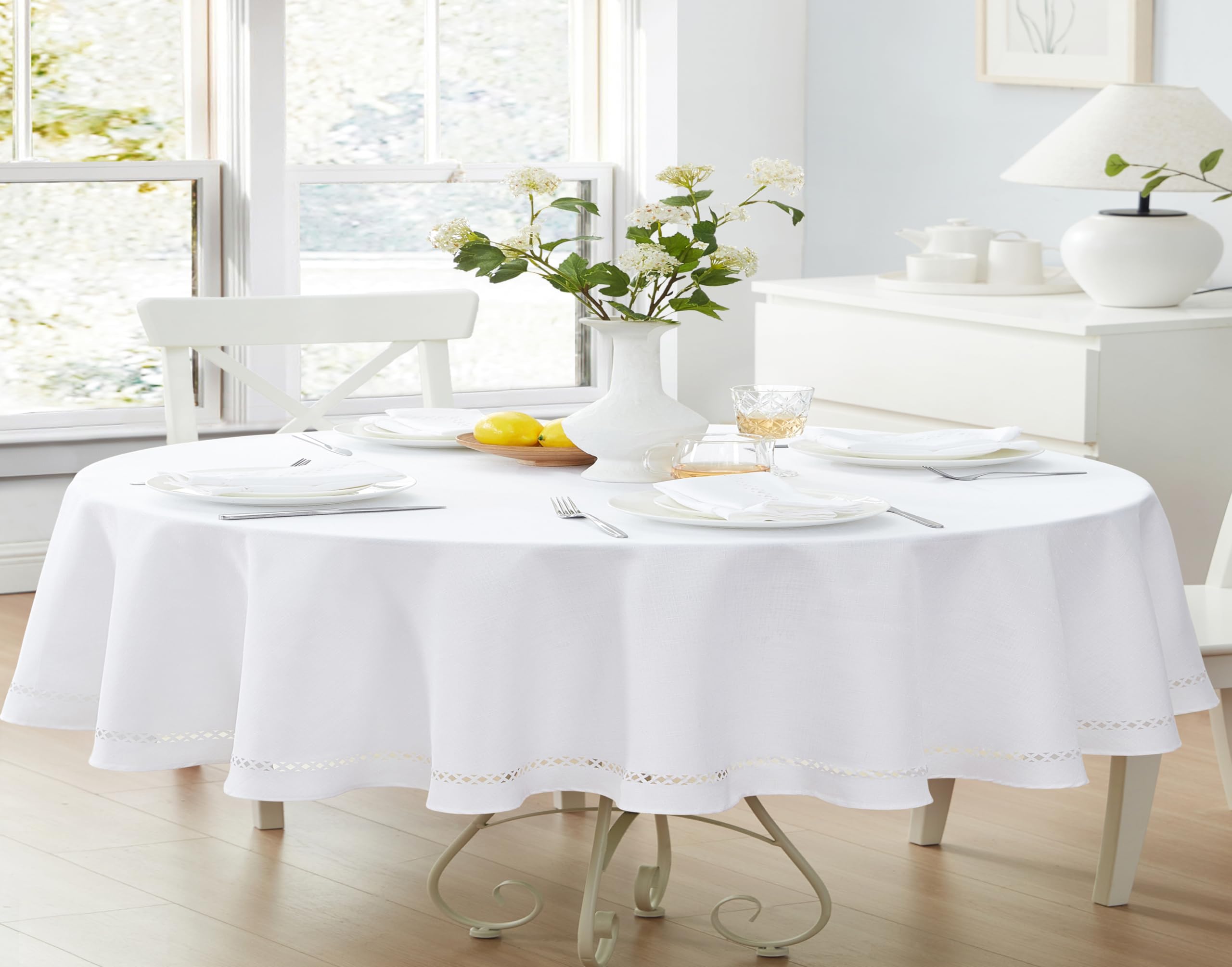 Newbridge Fabric Oval Tablecloth, 60 x 102 Inch, Fall Provence Lattice Cutwork Solid Color Textured, Water and Stain Resistant Easy Care Fabric Table Cloth for Parties and Buffets, White