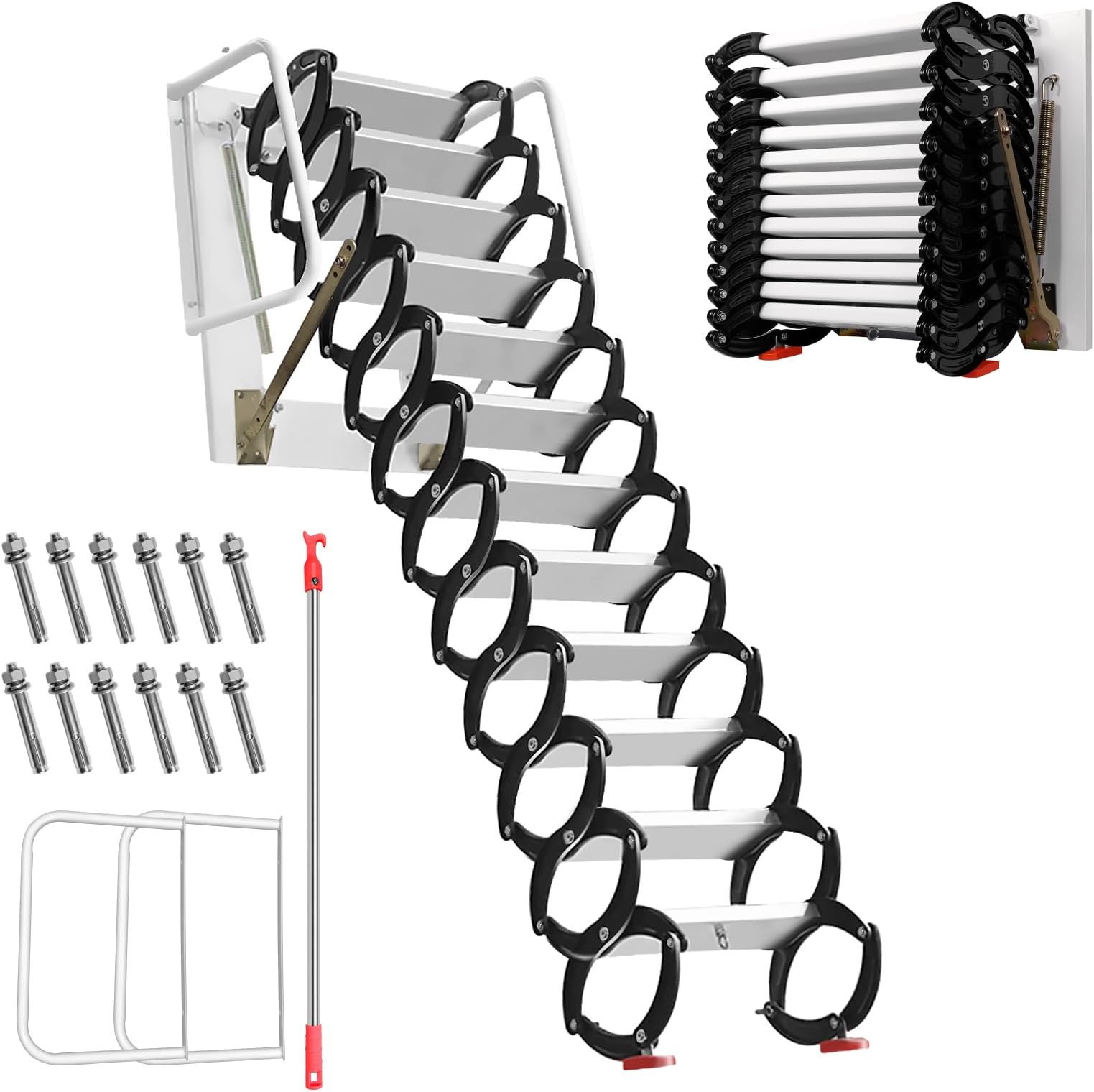 10FT Foldable Wall-Mounted Stairs, 12-Step 1102 LBS Ti-Mg Alloy Anti-Slip Ceiling Stairs Pull Down, Wall-Mounted Ladder with Handrails – 23.6"x27.5" Open for Attics, Garages, Basements