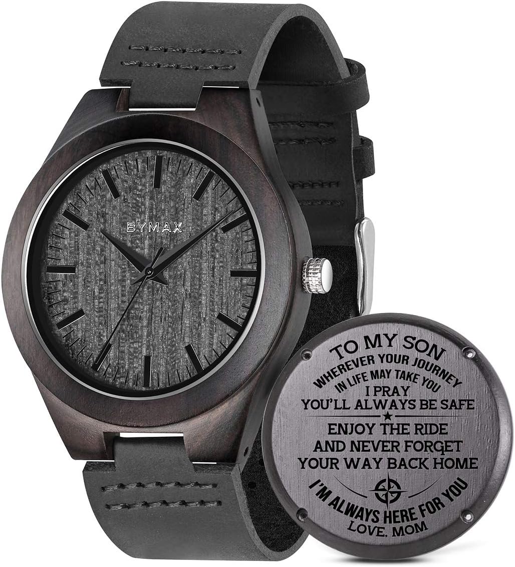 BYMAXWooden Watch with Black Leather Strap, Unique Wood Pattern Dial