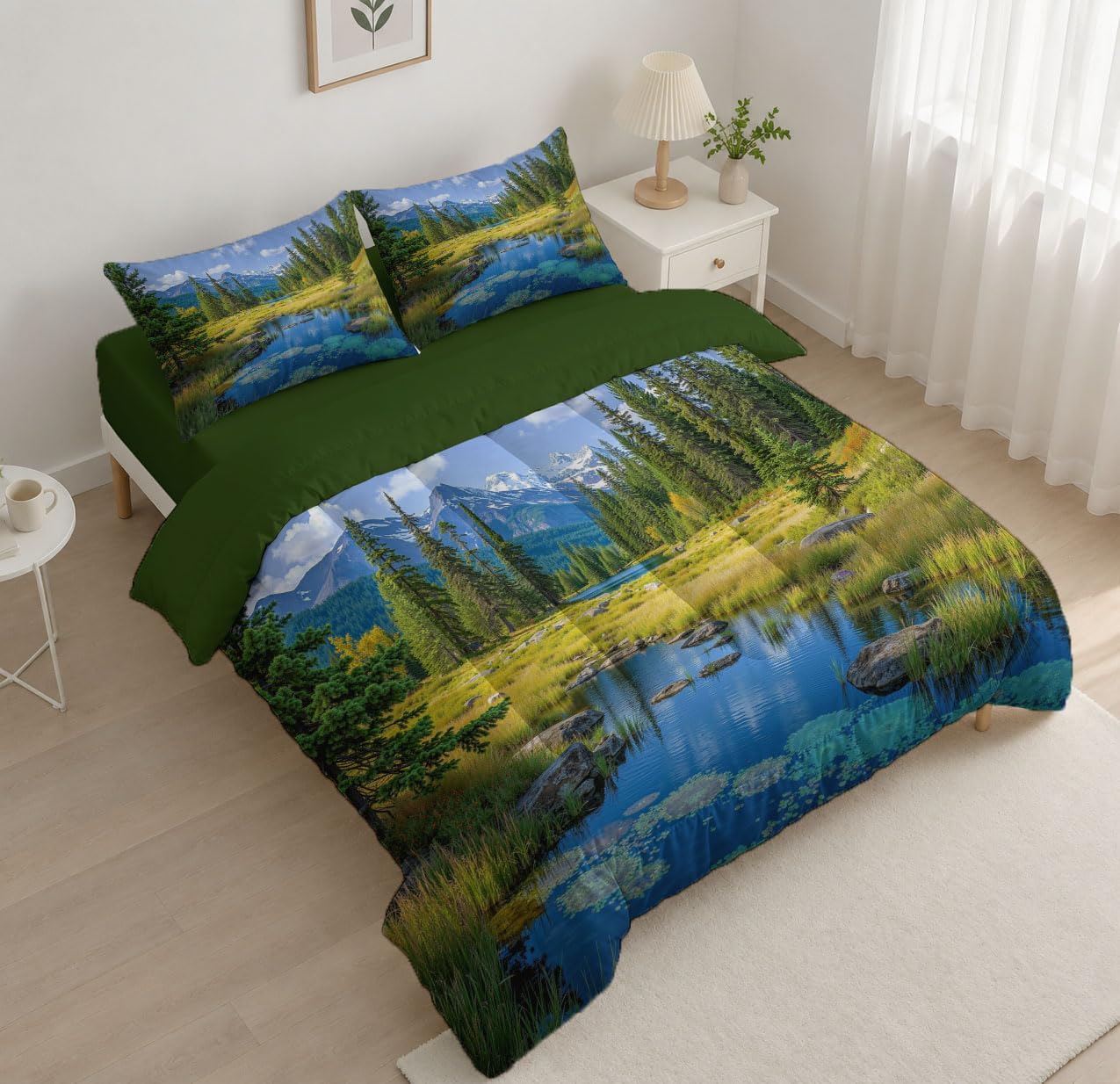 National Park Quilt Set King 3 Pieces, Yellow-Green Quilts Bedding Set Forests Alpine Lakes Bedspread Bed Cover Lightweight Spring Summer Beds Coverlet for All Season - 104"X90"
