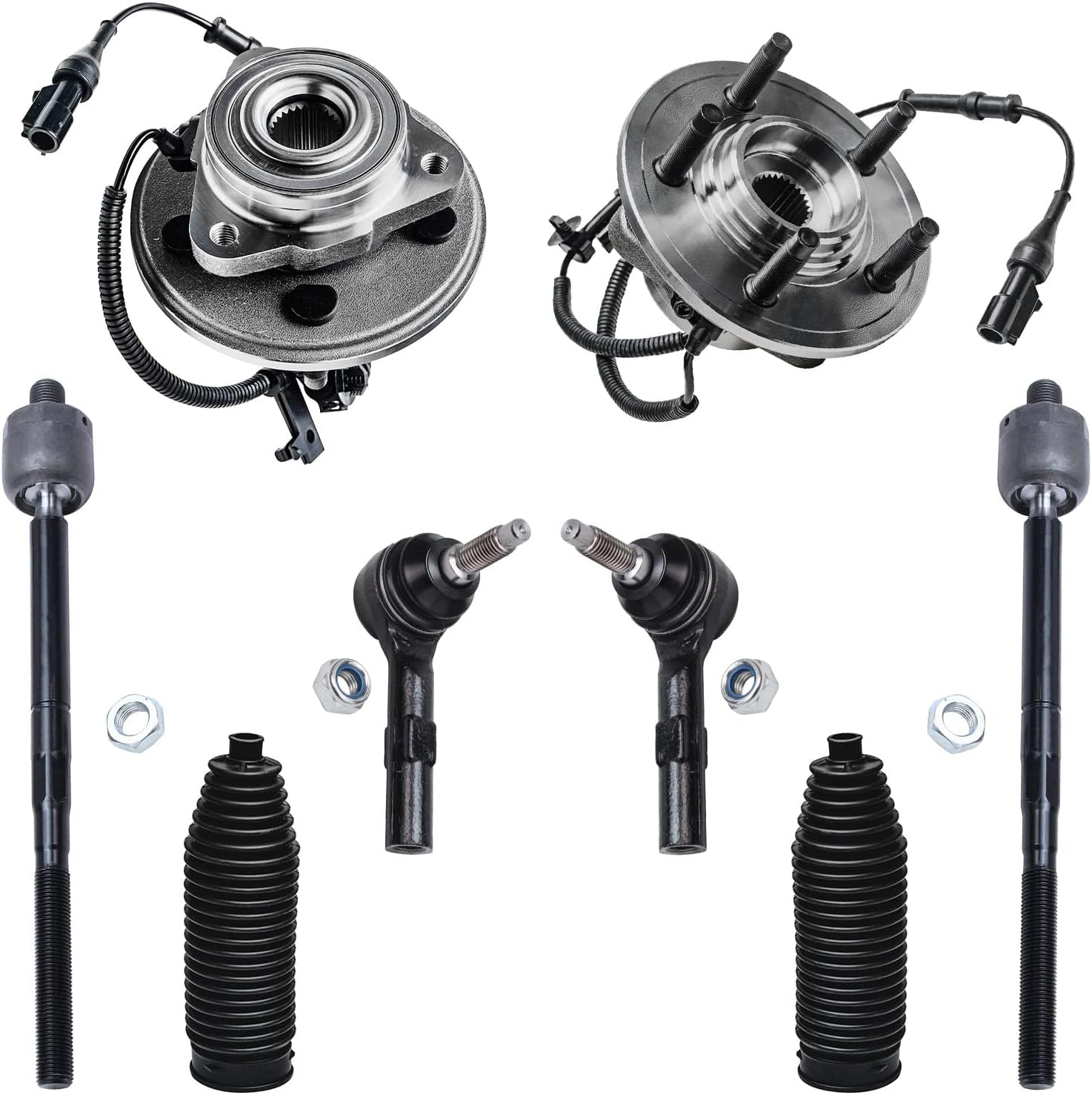 Detroit Axle - 8pc Front Wheel Bearing Hubs Kit for 2006-2010 Ford Explorer/Explorer Sport Trac Mercury Mountaineer 2 Wheel Bearing Hubs Assembly 4 Inner & Outer Tie Rods 2 Boots Replacement