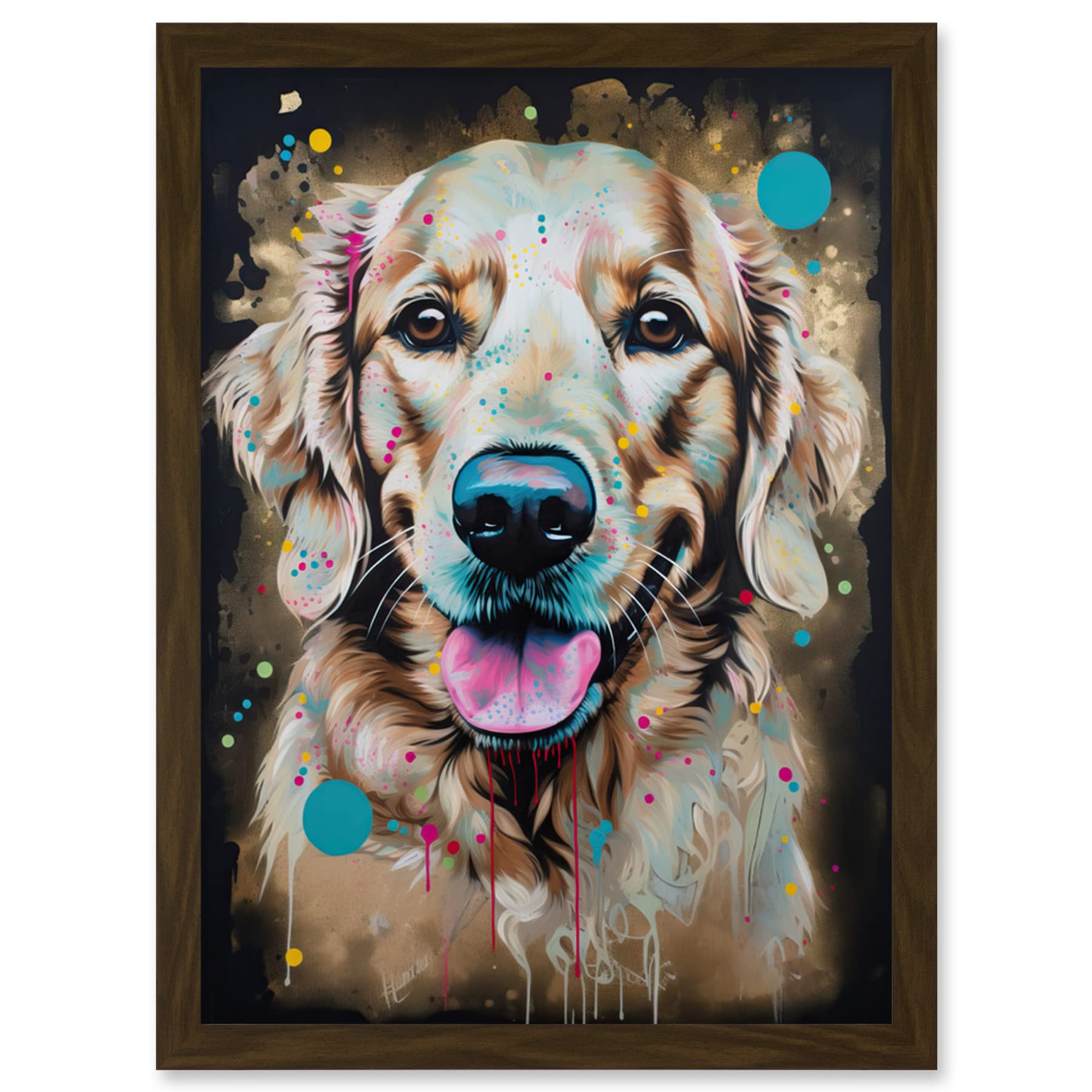 Artery8 Happy Smiling Golden Retriever Dog Portrait Artwork Framed Wall Art Print A4