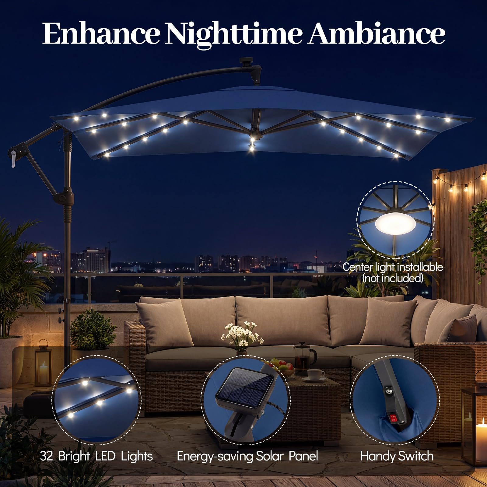 Tangkula 8x8 FT Solar Patio Umbrella with Base Included, Square Offset Cantilever Outdoor Umbrella with 360 Degree Rotation, 32 LED Lights, Crank Handle, 2 Sandbags, 8 Ribs, Air Vent for