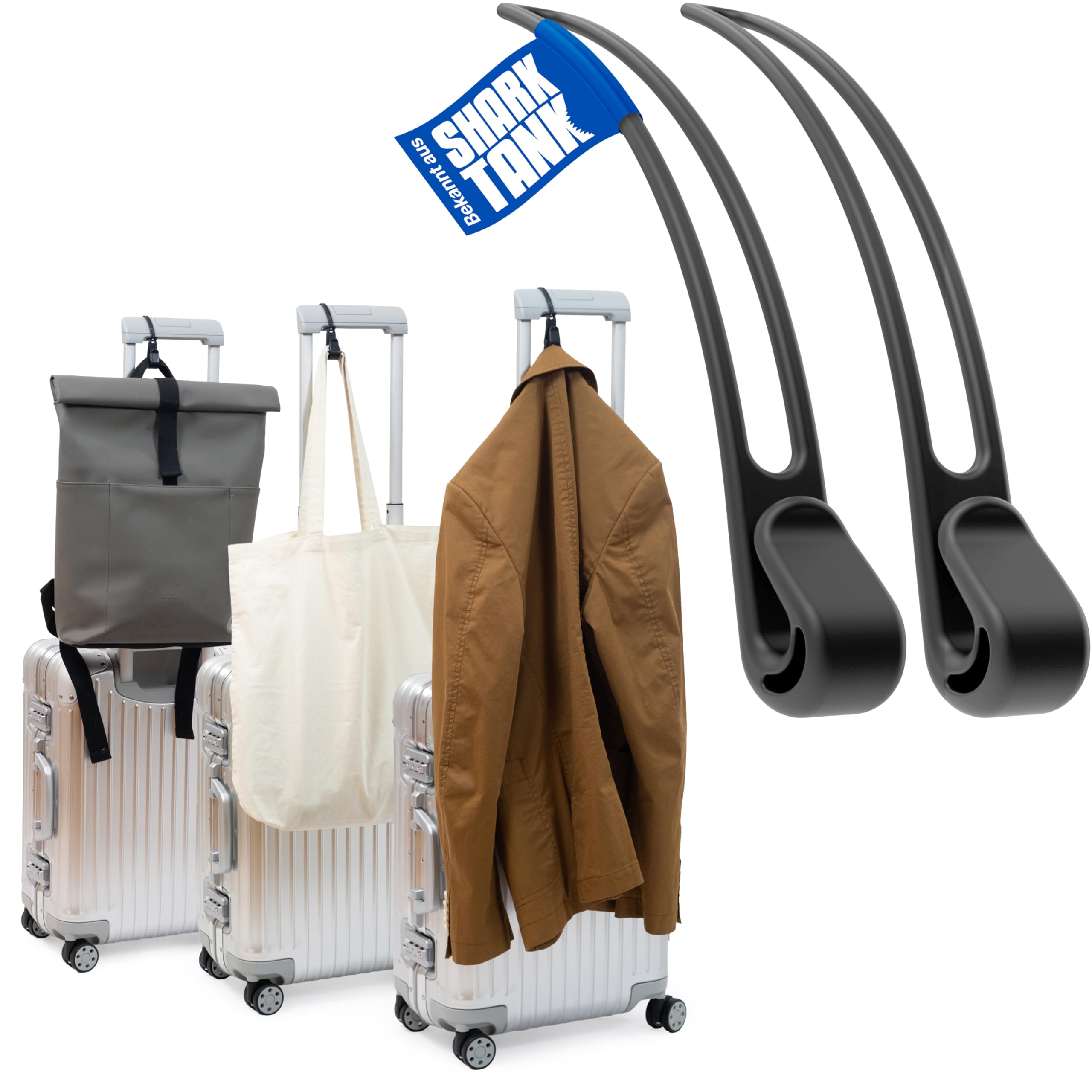 Luggage Hook Koffer Haken für Jacke & Tasche (2 Stk.) - Die nützlichen Reise Gadgets Flugzeug halten Reiseartikel bis 10kg, Reise Geschenk für Reiseliebhaber und Flugbegleiter, 2x Kofferhaken Schwarz